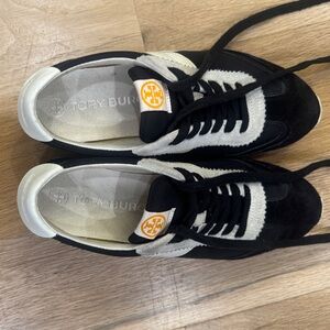 Tory Burch Black and White Lace-Up Suede Sneakers